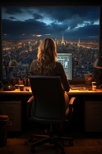 night time office view HD 8K wallpaper Stock Photographic Image