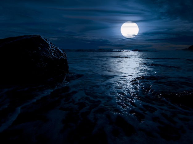 Фото Ночное время над океаном со скалой и полной луной