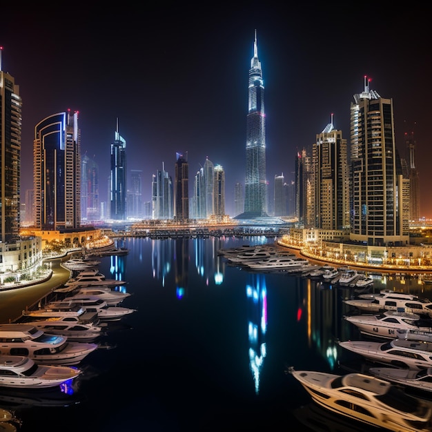 Night time panoramic view of Dubai Marina bay and city center UAE