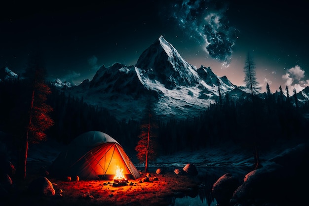 Ночной снимок небольшой палатки, установленной на поляне в окружении альпийских гор.