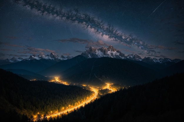 night time view of a city in the mountains with a milky in the sky