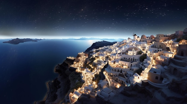 Night time view of a town on a cliff overlooking the ocean generative ai