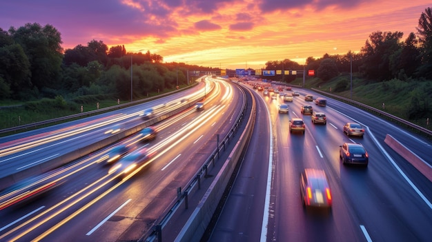 Photo night traffic jam on a six lane highway at sunset