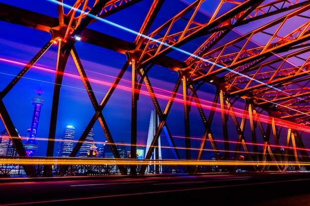 Night traffic lights inside of the Garden Bridge of shanghai china.