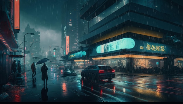 Night traffic on a rainy day in cyberpunk cityGenerative AI