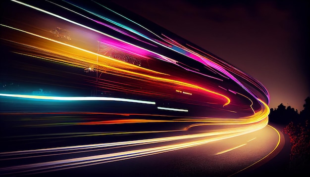 Ночной трафик с размытым движением, разноцветный фон, освещенная кривая, генерирующая AI