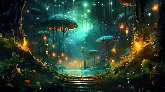 night tropical jungle with fireflies atmospheric fa