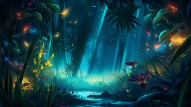 night tropical jungle with fireflies atmospheric fa