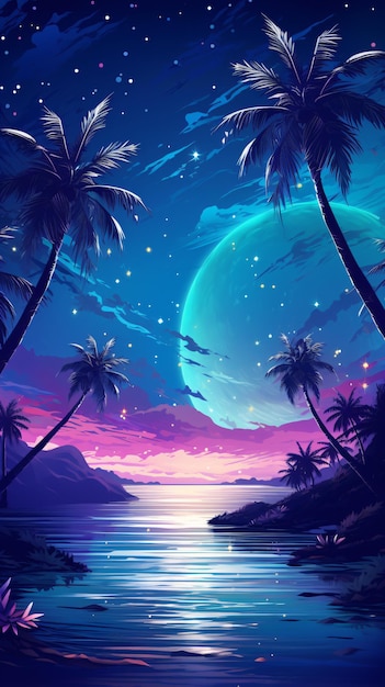 Night in a tropical paradise with palm trees