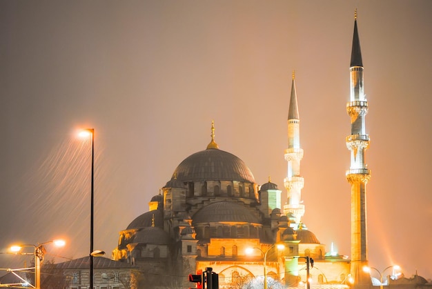 Night Turkish mosque during heavy rain