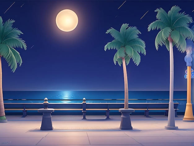 Night urban embankment illuminated by street lights Cartoon vector illustration of benches palm tr