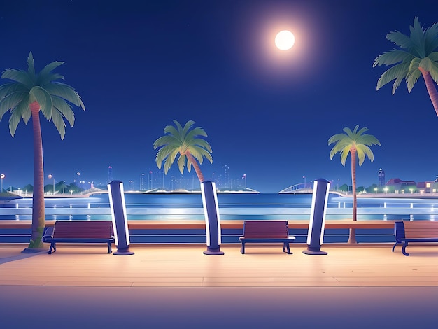 Night urban embankment illuminated by street lights Cartoon vector illustration of benches palm tr