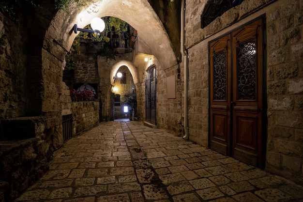 Night view in the alley ways at the Historic Old Port of Jaffa