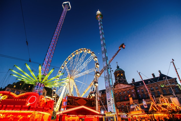 Night view of amusement park carousel