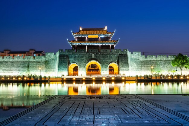 Night view of ancient city wall of pingmen, Suzhou