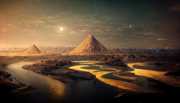 Night view of ancient pyramids near desert oasis Starry sky with full moon Black shadows water golden sand Architecture of ancient times parallel world Magic realism concept 3D rendering