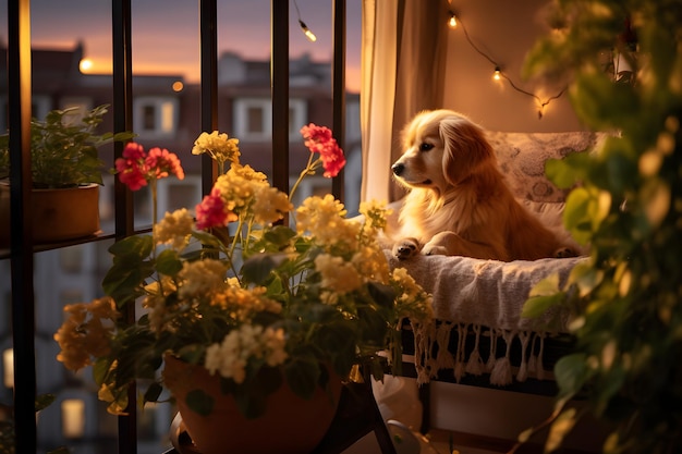 Ночной вид на балкон с очаровательной собакой, мирно спящей