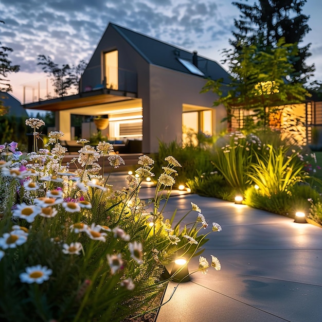 Ночной вид красивой садовой световой лампы в саду, созданной искусственным интеллектом