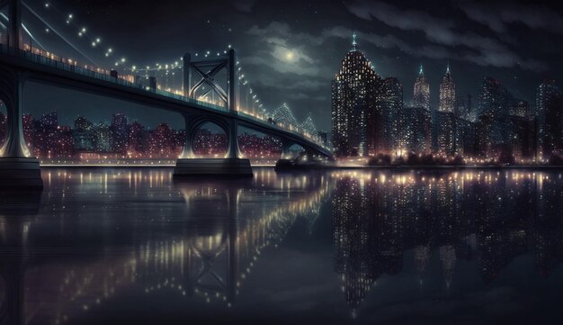 night view of the bridge and river night view of the city bridge over the river generative AI