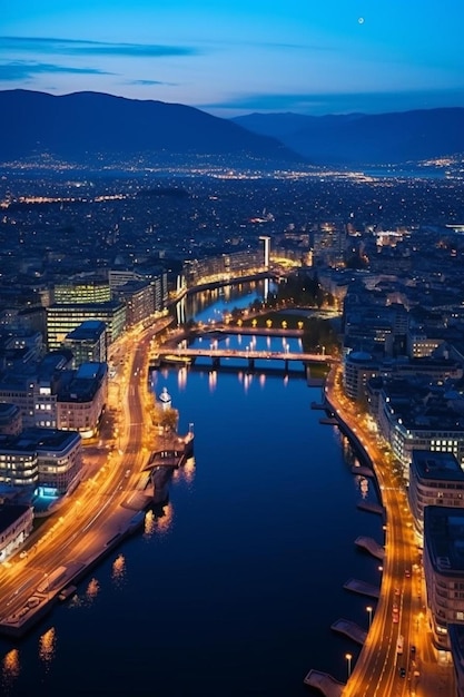 Photo a night view of a bridge and river with a full moon in the background