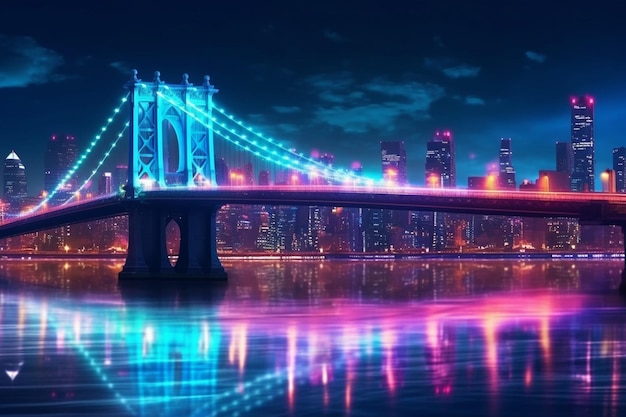 Night view of the Brooklyn Bridge New York City USA neon