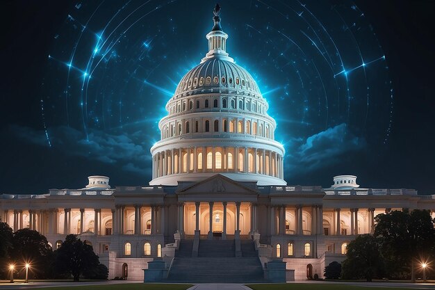 Night View Capitol Dome Illuminated Nexus of Government and Education Academic Research Hologram