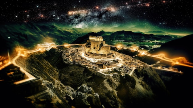 A night view of a castle with the night sky in the background