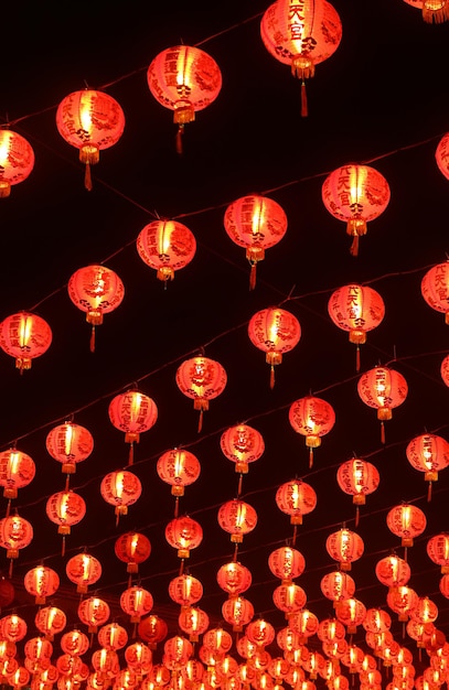 Night view of chinese hanging lanterns in rows displayed as the lucky charms during lunar new year