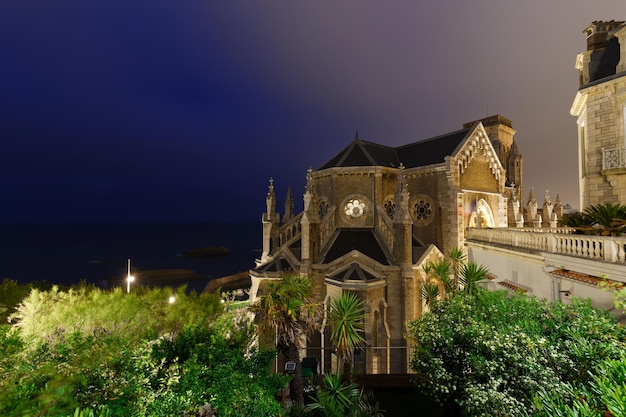 Night view of church Saint Eugenie in Biarritz France