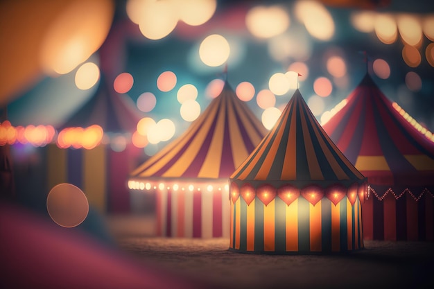 Night view of a circus tents and many light lamps with blurred background Neural network AI generated