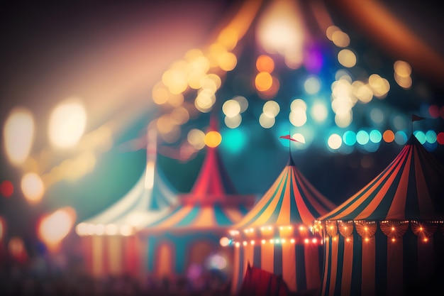 Night view of a circus tents and many light lamps with blurred background Neural network AI generated