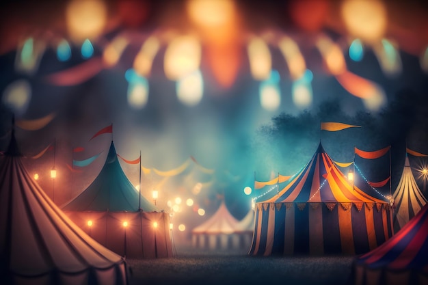Night view of a circus tents and many light lamps with blurred background Neural network AI generated