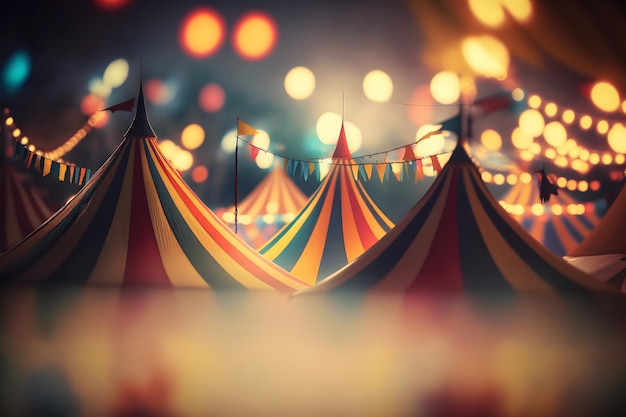 Photo night view of a circus tents and many light lamps with blurred background neural network ai generated
