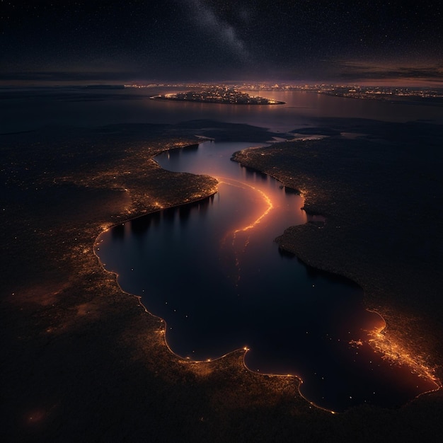 A night view of a city from the sky.