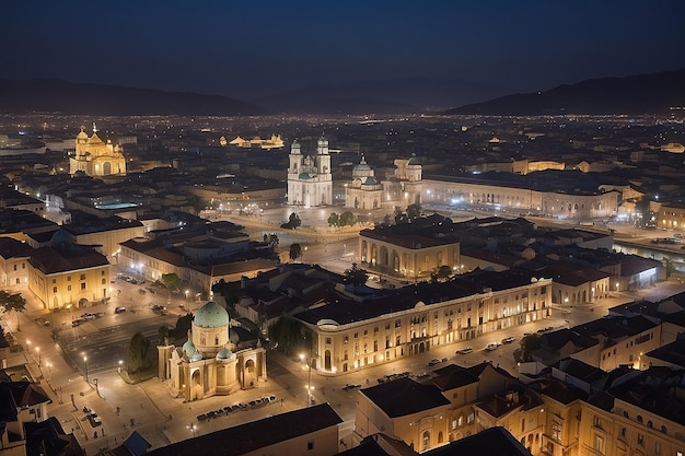 Night view of the city in front of the square