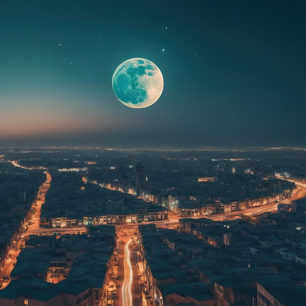 Night view of the city and the road in front of the moon