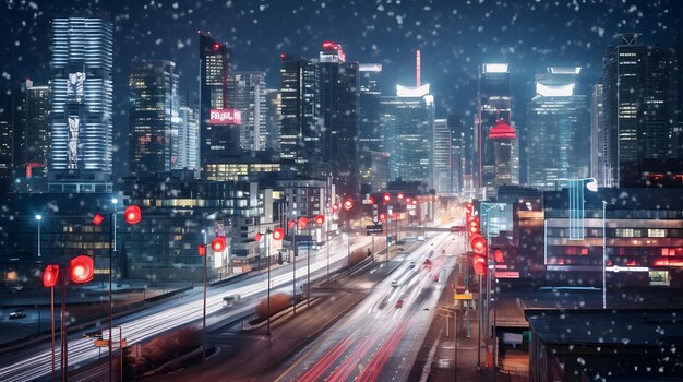 A night view of a city with Black Friday sale advertisements illuminated