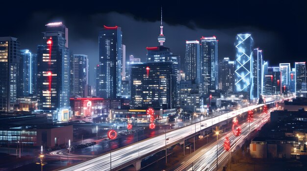 A night view of a city with Black Friday sale advertisements illuminated