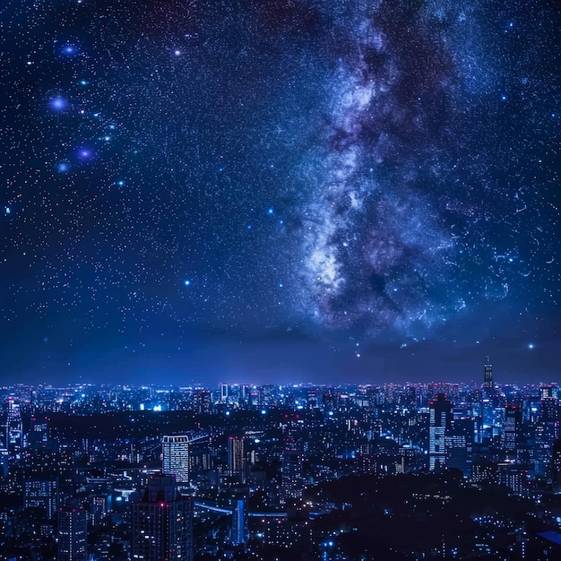 a night view of a city with a city skyline and a sign that says galaxy