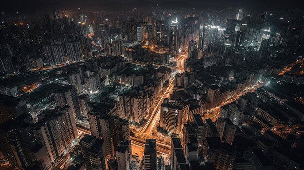 A night view of a city with many lights and buildings