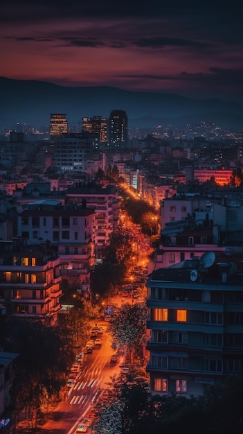 A night view of a city with a street and buildings