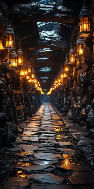 Photo night view of a cobblestone street in the old town