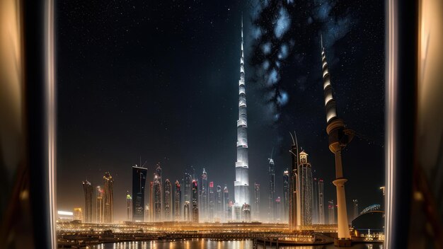 A night view of dubai with the burj khalifa in the background