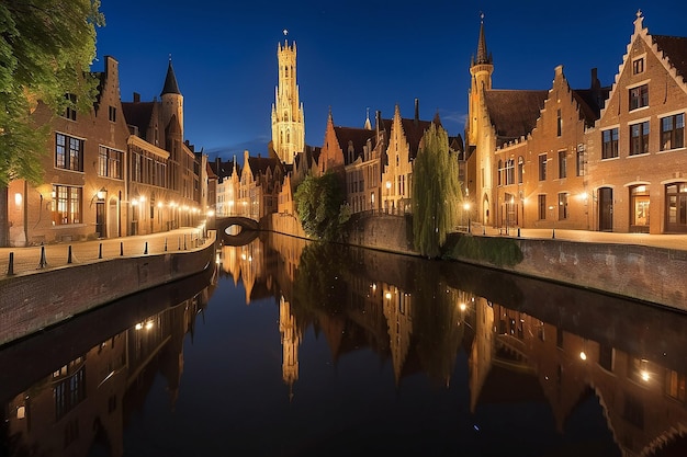 Photo night view of famous bruges city view belgium nightshot of brugge canals houses on belfry canal