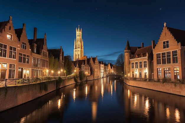 Photo night view of famous bruges city view belgium nightshot of brugge canals houses on belfry canal