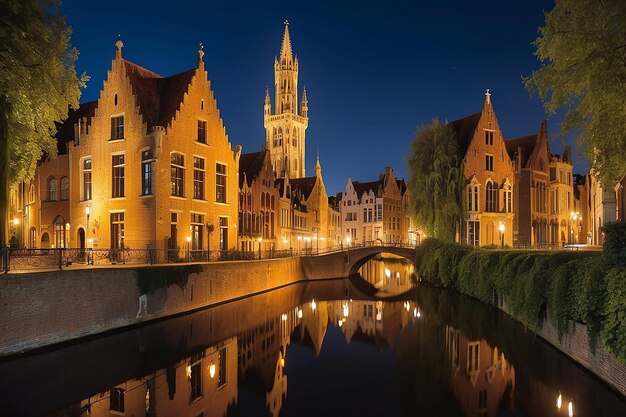 Night view of famous Bruges city view Belgium nightshot of Brugge canals houses on Belfry canal