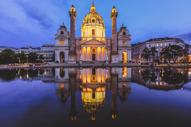 Night view of famous Saint Charles's Church at Karlsplatz in Vienna Austria