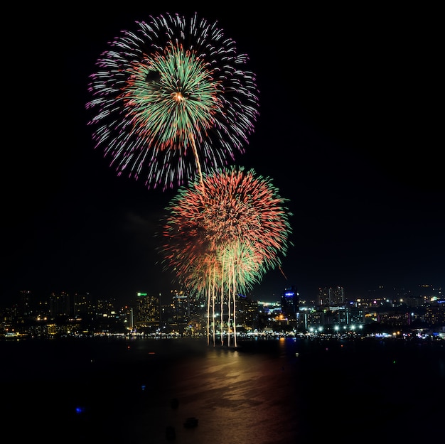 Night view and firework at Pattaya beach, Thailand