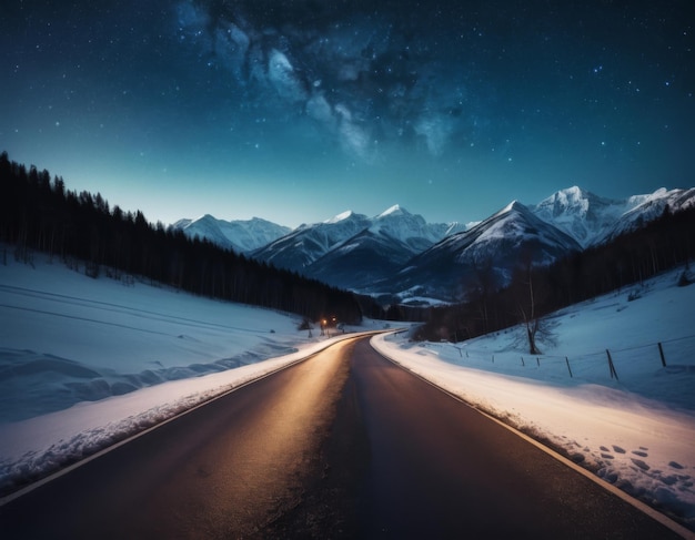 写真 山々と星空の間の直立した冬の道路の上の夜の景色