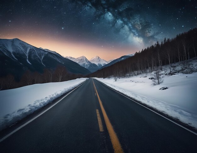 写真 山々と星空の間の直立した冬の道路の上の夜の景色